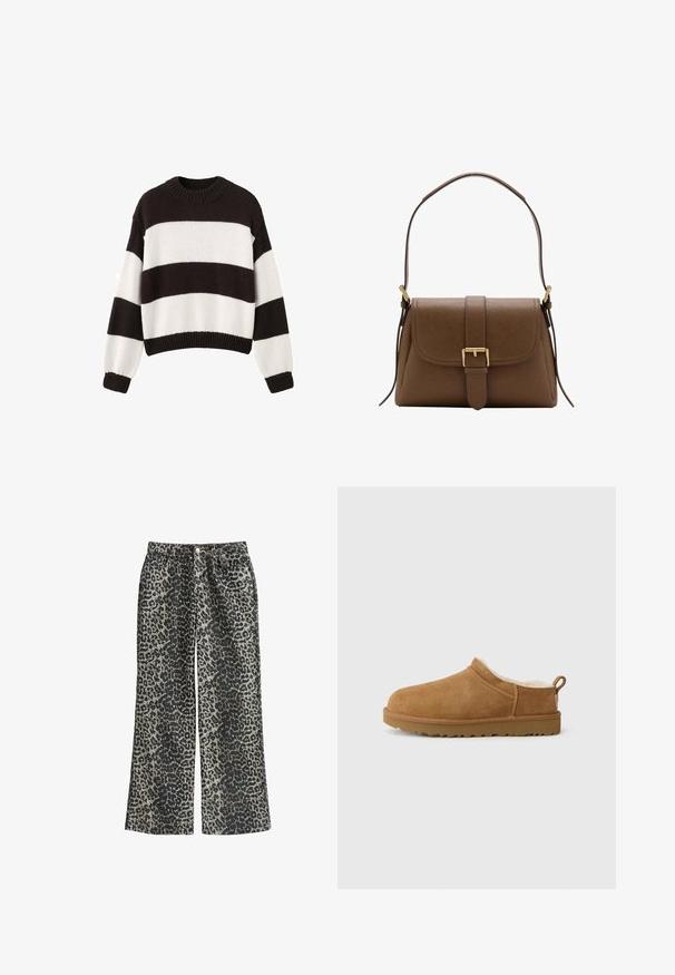 Zwart-wit gestreepte gebreide trui met een ronde hals, lange mouwen en een cropped fit. Gelaagde stof met een ribgebreide zoom.; Leopardprint wijde broek van zachte stof, met een hoge taille, vijf zakken en metalen knoopsluiting.; Bruine suede instap schoen met een zachte, witte bontvoering, vlakke rubberen zool, ronde neus en een kleine trekflap aan de hiel.; Bruine leren schoudertas met voorflap en gouden gesp, met verstelbare riem met gouden hardware op een witte achtergrond.