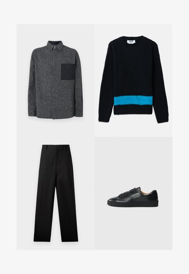 Čierny pletený sveter s ryhovanou textúrou, s horizontálnym tyrkysovým pruhom na spodnej časti. Klasický okrúhly výstrih a dlhé rukávy.; Iceberg Košeľa - fantasia mix di grigi; Čierne nohavice z bavlny s rovnými nohavicami, predným zapínaním na gombík a bočnými vreckami. Hladká textúra, bez vzorov.; Čierne kožené tenisky s hladkým povrchom, okrúhlou špičkou a šnúrkami. Majú hrubú gumenú podrážku a minimálne značkové detaily.