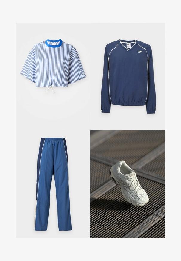 Tmavomodrý pulóver Nike s dlhým rukávom a výstrihom do V, bielym lemovaním pozdĺž švov a elastickými manžetami a spodným okrajom. Na ľavej strane hrude je umiestnené logo.; Zrezaná blúzka s modro-bielymi vertikálnymi pruhmi, krátkymi širokými rukávmi a sťahovacou šnúrkou v páse. Má modrý okrúhly výstrih.; Modré športové nohavice s ľahkou, hladkou textúrou. Elastický pás, kontrastný tmavomodrý bočný panel a biele pásiky na ozdobu.; Biele bežecké tenisky Nike s vrchom z mesh a syntetického materiálu ležiace na kovovej mriežke na podlahe v mäkkom prirodzenom svetle.