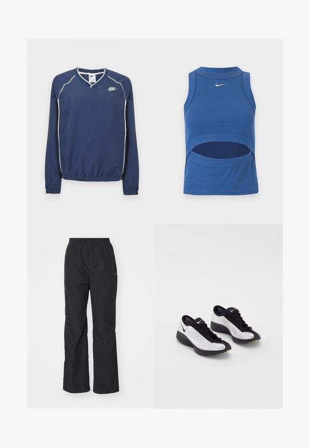 Laivastonsininen Nike-pitkähiha-pullover V-kaula-aukolla, valkoisilla saumapipoilla ja kuminauhalla varustetut hihansuut ja helma. Vasemmassa rinnassa on logo.; Sininen hihaton Nike crop-toppi korkealla kauluksella ja vatsanaukon kainalolla, ribbineulos ja valkoinen Swoosh-logo edessä keskellä.; Mustat, kevyet housut, joissa on joustava vyötärö ja nyöri. Niissä on teksturoitu pinta ja pieni heijastava logo sivussa.; Nike lenkkarit, joissa on rei'itetty valkoinen päällinen, mustat yksityiskohdat, pyöreä kärki ja paksu musta pohja vihreillä yksityiskohdilla.