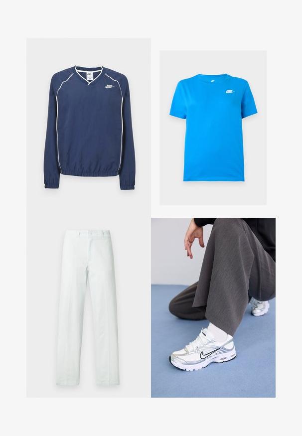 Navyblauwe Nike pullover met lange mouwen en een V-hals, witte biezen langs de naden en elastische boorden en zoom. Heeft een logo op de linkerborst.; Blauw short-sleeve Nike T-shirt met ronde hals en wit Nike-logo op de bovenste linkerborst tegen een effen achtergrond.; Lichtblauwe katoenen broek met een rechte pijp, voorzien van een knoopsluiting en riemlussen. Gladde textuur, geen zichtbare patronen.; Witte en zilveren sport schoenen van mesh en synthetische materialen, met zwarte accentlijnen, veters en gestructureerde zolen.