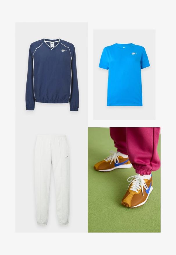 Mørkeblå Nike pullover med lange ærmer og V-hals, hvide striber langs sømmene samt elastiske manchetter og kant. Indeholder et logo på venstre side af brystet.; Blå kortærmet Nike T-shirt med rund hals og hvidt Nike-logo på øverste venstre bryst mod en ensfarvet baggrund.; Lysegrå Nike joggingbukser med elastisk taljebånd, tilspidsede manchetter og et lille sort logo på venstre lår. Blødt, tekstureret stof.; Brune og blå sneakers med en blanding af mesh og ruskindsmaterialer, prydet med hvide snørebånd og en tekstureret brun sål, placeret på grønne gulve.