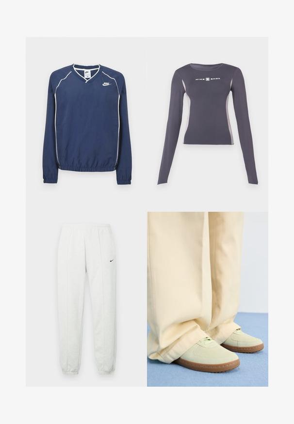 Tmavomodrý pulóver Nike s dlhým rukávom a výstrihom do V, bielym lemovaním pozdĺž švov a elastickými manžetami a spodným okrajom. Na ľavej strane hrude je umiestnené logo.; Tmavošedý dlhý rukáv priliehavý športový top s svetlošedými bočnými panelmi a bielym logom "Nike Shox" na hrudi.; Svetlosivé tepláky Nike s elastickým pásom, zúženými lemami a malým čiernym logom na ľavom stehne. Mäkká, textúrovaná tkanina.; Zelené semišové tenisky s okrúlymi špičkami a textúrovanými podrážkami, v kombinácii so širokými béžovými nohavicami, na modrom povrchu.