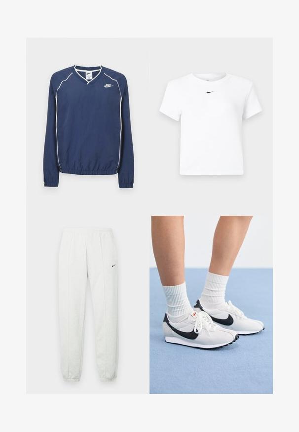 Tmavomodrý pulóver Nike s dlhým rukávom a výstrihom do V, bielym lemovaním pozdĺž švov a elastickými manžetami a spodným okrajom. Na ľavej strane hrude je umiestnené logo.; Biele krátke tričko značky Nike s krátkym rukávom a zrezaným strihom, s malým čiernym logom Nike swoosh umiestneným pod výstrihom uprostred.; Svetlosivé tepláky Nike s elastickým pásom, zúženými lemami a malým čiernym logom na ľavom stehne. Mäkká, textúrovaná tkanina.; Biele sieťované tenisky s čiernymi akcentmi, okrúhlou špičkou a plochou gumovou podrážkou. V kombinácii s rebrovými bielymi ponožkami.
