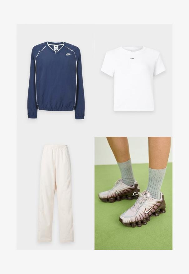 Marineblauer Nike Langarm-Pullover mit V-Ausschnitt, weißen Paspeln entlang der Nähte und elastischen Bündchen sowie Saum. Mit Logo auf der linken Brust.; Weißes, kurzärmeliges Nike-Bauchfreies T-Shirt mit einem kleinen schwarzen Nike-Swoosh-Logo, das unterhalb des Halsausschnitts zentriert ist.; Locker sitzende, crèmefarbene Hose mit elastischem Bund und geradem Beinschnitt, vor einem einfarbigen weißen Hintergrund präsentiert.; Nike Sneaker in Hellrosa und Braun mit einer strukturierten Oberseite, geschichtetem Design und dämpfender Außensohle mit sichtbaren Air-Elementen.