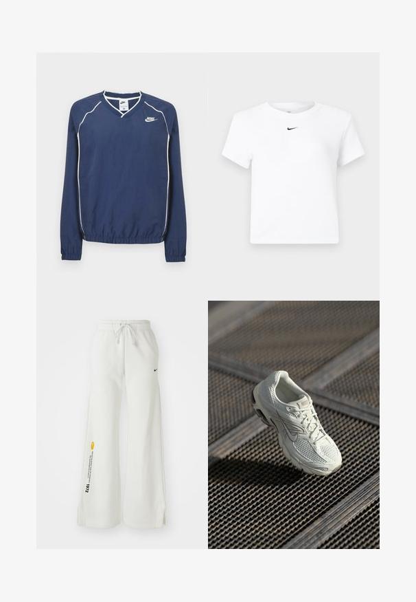 Mørkeblå Nike pullover med lange ærmer og V-hals, hvide striber langs sømmene samt elastiske manchetter og kant. Indeholder et logo på venstre side af brystet.; Hvid Nike cropped T-shirt med korte ærmer og en lille sort Nike swoosh-logo centreret under nakkekanten.; Hvide, brede sweatsbukser med elastisk talje, snøre, sidespalter, sort Nike-logo og kontrasterende gul grafisk tekst.; Hvide Nike løbesko med overdel i mesh og syntetisk materiale, som hviler på metalristgulv i blødt naturligt lys.