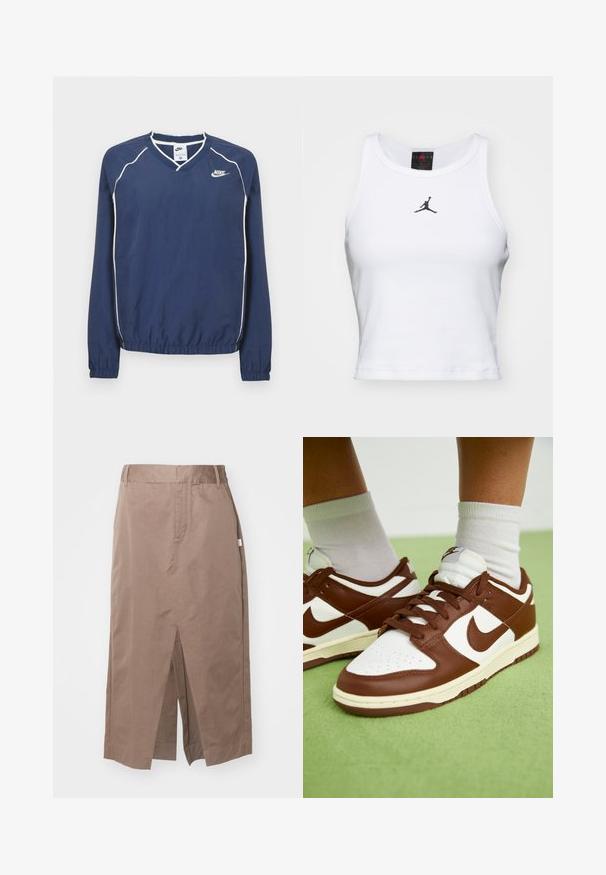 Tmavomodrý pulóver Nike s dlhým rukávom a výstrihom do V, bielym lemovaním pozdĺž švov a elastickými manžetami a spodným okrajom. Na ľavej strane hrude je umiestnené logo.; Biely crop tank top vyrobený z bavlny s rebrovanou textúrou. Obsahuje čierne logo Jordan v strede a klasický okrúhly výstrih.; Hnedá bavlnená sukňa so rovný dizajnom, s predným rozparkom, bočnými vreckami a štandardným pásom. Hladká textúra a prispôsobené švy.; Hnedé a biele kožené tenisky s perforovanou špičkou, textúrovanými akcentmi a plochými šnúrkami. Model má nízkoprofilový dizajn a gumovú podrážku.