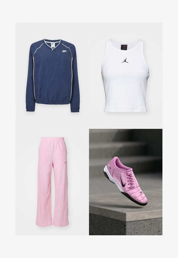 Tmavomodrý pulóver Nike s dlhým rukávom a výstrihom do V, bielym lemovaním pozdĺž švov a elastickými manžetami a spodným okrajom. Na ľavej strane hrude je umiestnené logo.; Biely crop tank top vyrobený z bavlny s rebrovanou textúrou. Obsahuje čierne logo Jordan v strede a klasický okrúhly výstrih.; Ružové elastické nohavice s uvoľneným strihom. Obsahujú červené logo na ľavej strane a majú hladkú, ľahkú textúru.; Ružový futbalový kopačka značky Nike s čiernym logom Swoosh, bielou a čiernou podrážkou, zobrazená nad betónovým parapetom s rozmazanými schodmi v pozadí.