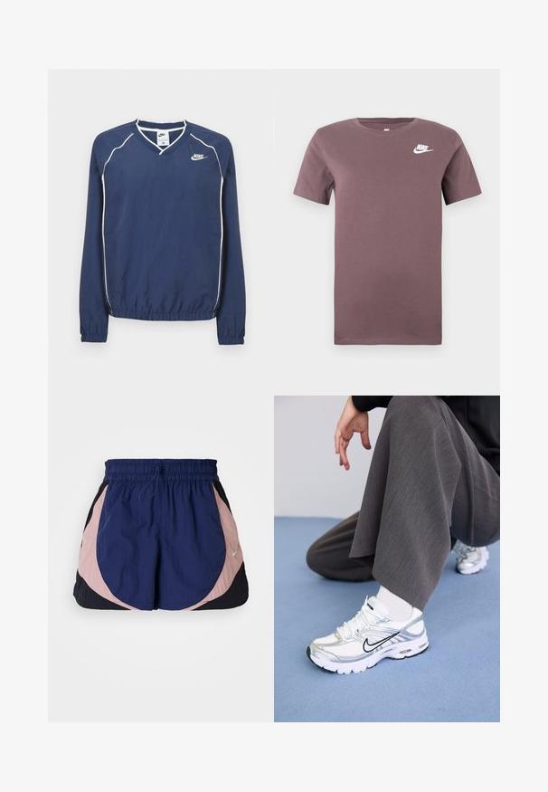 Tmavomodrý pulóver Nike s dlhým rukávom a výstrihom do V, bielym lemovaním pozdĺž švov a elastickými manžetami a spodným okrajom. Na ľavej strane hrude je umiestnené logo.; Fialové tričko s krátkym rukávom a okrúhlym výstrihom Nike s bielym logom Nike na ľavej hrudi na obyčajnom pozadí.; Športové šortky Nike s elastickým pásom, s námorníckymi, ružovými a čiernymi panelmi. Vyrobené z ľahkej, textúrovanej látky.; Biele a strieborné športové topánky s jemnou sieťovinou a syntetickými materiálmi, so čiernymi akcentmi, šnúrkami a textúrovanými podrážkami.