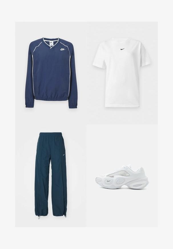 Laivastonsininen Nike-pitkähiha-pullover V-kaula-aukolla, valkoisilla saumapipoilla ja kuminauhalla varustetut hihansuut ja helma. Vasemmassa rinnassa on logo.; Valkoinen lyhythihainen pyöreäkauluksinen t-paita, jossa pieni musta Nike Swoosh -logo keskitettynä lähelle kaulusta.; Tummansininen Nike-housut, joissa on rento istuvuus, joustava vyötärö ja naruvarret. Sivulla on hienovarainen logotyyli.; Valkoinen urheilutennari verkkopaneeleilla, pyöreäpohjainen muotoilu ja pieni Nike-logo varpaan lähellä yksinkertaisella vaalealla taustalla.