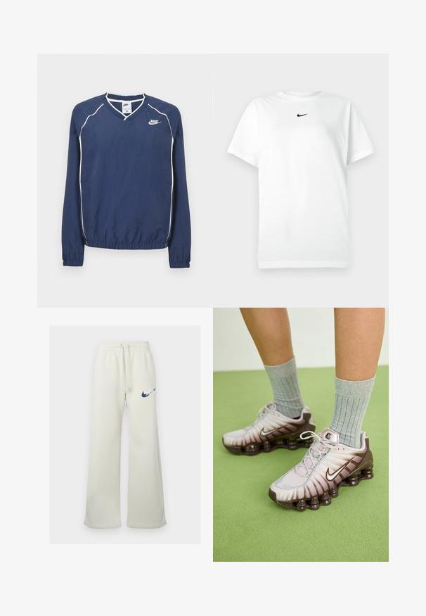 Tmavomodrý pulóver Nike s dlhým rukávom a výstrihom do V, bielym lemovaním pozdĺž švov a elastickými manžetami a spodným okrajom. Na ľavej strane hrude je umiestnené logo.; Biele tričko s krátkym rukávom a okrúhlym výstrihom, na ktorom je malé čierne logo Nike swoosh umiestnené tesne pod výstrihom.; Krémové tepláky vyrobené zo zmesi bavlny, s voľným strihom, elastickým pásom so šnúrkou a námorníckym logom Nike na prednej strane.; Nike tenisky v svetlo ružovej a hnedej farbe, s textúrovaným zvrškom, vrstveným dizajnom a podrážkou s odpružením a viditeľnými vzduchovými jednotkami.