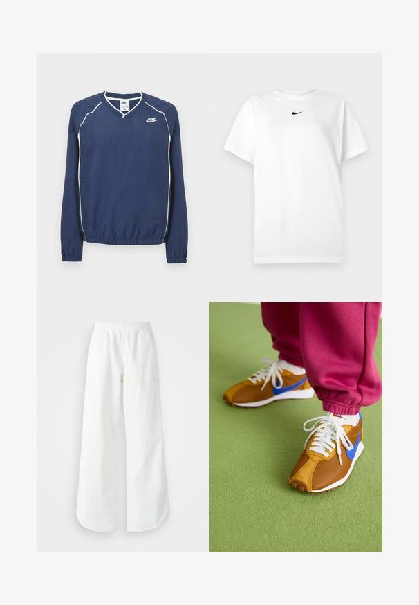 Mørkeblå Nike pullover med lange ærmer og V-hals, hvide striber langs sømmene samt elastiske manchetter og kant. Indeholder et logo på venstre side af brystet.; Hvid kortærmet T-shirt med rund hals, prydet med et lille sort Nike swoosh-logo centreret under halsudskæringen.; Hvide athletic bukser med vidde, ribbet talje og subtile logo detaljer. Glat stof med en afslappet pasform og tapered hals.; Brune og blå sneakers med en blanding af mesh og ruskindsmaterialer, prydet med hvide snørebånd og en tekstureret brun sål, placeret på grønne gulve.