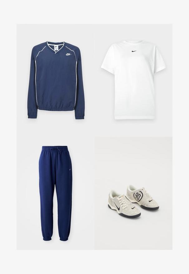 Tmavomodrý pulóver Nike s dlhým rukávom a výstrihom do V, bielym lemovaním pozdĺž švov a elastickými manžetami a spodným okrajom. Na ľavej strane hrude je umiestnené logo.; Biele tričko s krátkym rukávom a okrúhlym výstrihom, na ktorom je malé čierne logo Nike swoosh umiestnené tesne pod výstrihom.; Námornícke modré tepláky vyrobené z jemného materiálu s elastickým pásom na šnúrku, elastickými manžetami a malým bielym logom.; Nike tenisky s béžovým a šedým štruktúrovaným zvrškom, čiernymi akcentmi, veľkým logom "90" a bielym šnurovaním. Čierna podrážka.