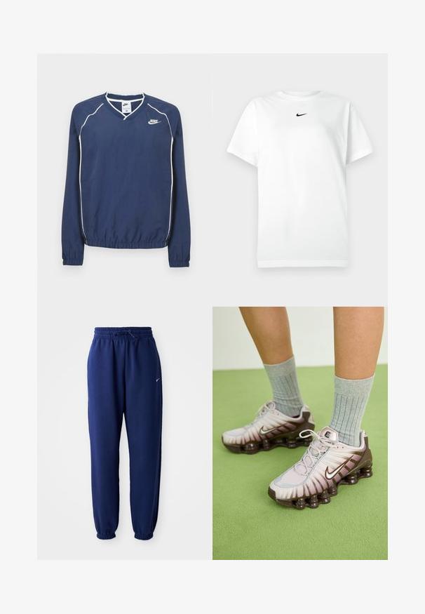Tmavomodrý pulóver Nike s dlhým rukávom a výstrihom do V, bielym lemovaním pozdĺž švov a elastickými manžetami a spodným okrajom. Na ľavej strane hrude je umiestnené logo.; Biele tričko s krátkym rukávom a okrúhlym výstrihom, na ktorom je malé čierne logo Nike swoosh umiestnené tesne pod výstrihom.; Námornícke modré tepláky vyrobené z jemného materiálu s elastickým pásom na šnúrku, elastickými manžetami a malým bielym logom.; Nike tenisky v svetlo ružovej a hnedej farbe, s textúrovaným zvrškom, vrstveným dizajnom a podrážkou s odpružením a viditeľnými vzduchovými jednotkami.