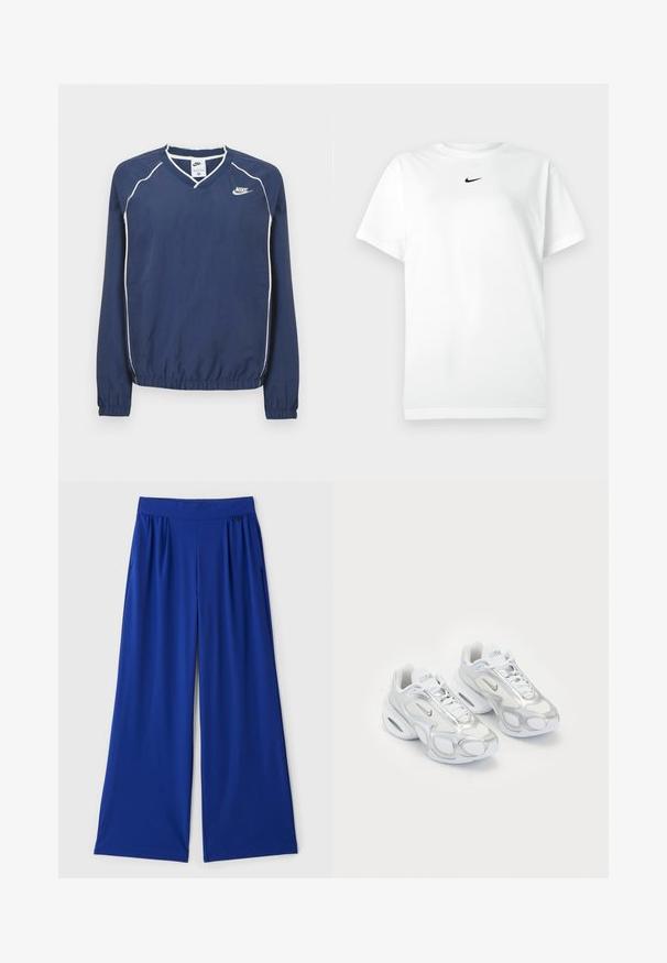 Tmavomodrý pulóver Nike s dlhým rukávom a výstrihom do V, bielym lemovaním pozdĺž švov a elastickými manžetami a spodným okrajom. Na ľavej strane hrude je umiestnené logo.; Biele tričko s krátkym rukávom a okrúhlym výstrihom, na ktorom je malé čierne logo Nike swoosh umiestnené tesne pod výstrihom.; Široké nohavice v jasne modrej farbe, vyrobené z hladkej, elastickej látky. Majú elastický pás a bočné vrecká pre praktickosť.; Biele športové topánky s vrchom z sieťoviny a striebornými akcentmi, unikátnym tvarom a vzduchovým odpružením v päte. Šnurovací dizajn s logom.