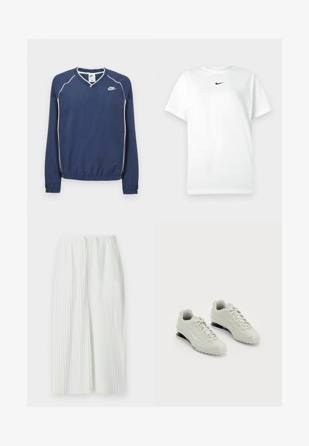 Μακρυμάνικο μπλουζάκι Nike σε ναυτικό μπλε με V-λαιμόκοψη, λευκές ρίγες στα ραφές και ελαστικές μανσέτες και τελείωμα. Διαθέτει λογότυπο στο αριστερό μέρος του στήθους.; Λευκό T-shirt κοντομάνικο με στρογγυλή λαιμόκοψη και μικρό μαύρο λογότυπο Nike κάτω από τον λαιμό.; Λευκή πλισέ φούστα με ζωνάκι στη μέση, με κάθετες γραμμές και απαλή υφή, που φτάνει λίγο κάτω από το γόνατο.; Λευκά αθλητικά παπούτσια Nike με υφή στην πάνω πλευρά, που διαθέτουν λείο καπάκι δαχτύλων και μαύρες λεπτομέρειες στη σόλα. Στυλ με κορδόνια και ενισχυμένη φτέρνα.