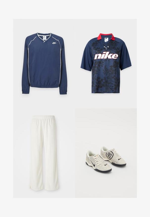 Tmavomodrý pulóver Nike s dlhým rukávom a výstrihom do V, bielym lemovaním pozdĺž švov a elastickými manžetami a spodným okrajom. Na ľavej strane hrude je umiestnené logo.; Tmavomodré Nike tričko s krátkym rukávom, čiernym kvetinovým vzorom, červeným golierom a veľkým bielym logom Nike na hrudi.; Krémyové nohavice s širokým strihom, vyrobené z ľahkého materiálu, s vertikálnymi pruhmi a elastickým pásom.; Nike tenisky s béžovým a šedým štruktúrovaným zvrškom, čiernymi akcentmi, veľkým logom "90" a bielym šnurovaním. Čierna podrážka.