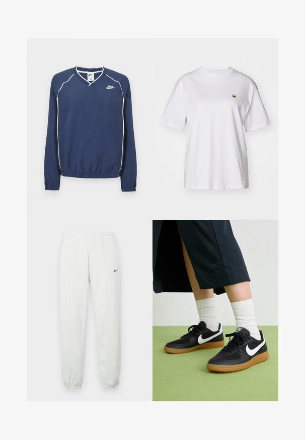 Tmavomodrý pulóver Nike s dlhým rukávom a výstrihom do V, bielym lemovaním pozdĺž švov a elastickými manžetami a spodným okrajom. Na ľavej strane hrude je umiestnené logo.; Biely bavlnený tričko s voľným strihom, krátkymi rukávmi a malým vyšitým logom na ľavej strane hrude.; Svetlosivé tepláky Nike s elastickým pásom, zúženými lemami a malým čiernym logom na ľavom stehne. Mäkká, textúrovaná tkanina.; Čierne kožené a syntetické tenisky so bielym logom Nike, gumenou podrážkou, okrúhlou špičkou a čiernymi šnúrkami. Viditeľné biele pruhované ponožky.