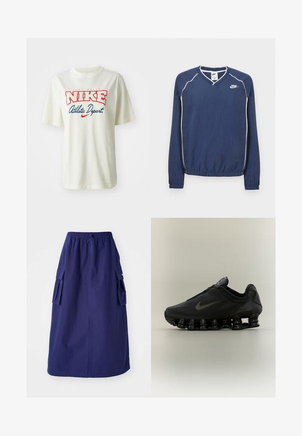 Tmavomodrý pulóver Nike s dlhým rukávom a výstrihom do V, bielym lemovaním pozdĺž švov a elastickými manžetami a spodným okrajom. Na ľavej strane hrude je umiestnené logo.; Biele bavlnené tričko s červeným a modrým logom "NIKE", s textom "Just Do It" nad ním a "Athletic Depart." pod ním, krátke rukávy, okrúhly výstrih.; Námornícky modrá sukňa strednej dĺžky s elastickým pásom, ktorá má dve bočné cargo vrecká a minimálnu logotlač. Hladká textúra látky.; Čierna teniska Nike so zipsom na hornej časti a výraznou pružinovou podrážkou v oddelených segmentoch, zobrazená z profilu na neutrálnom pozadí.