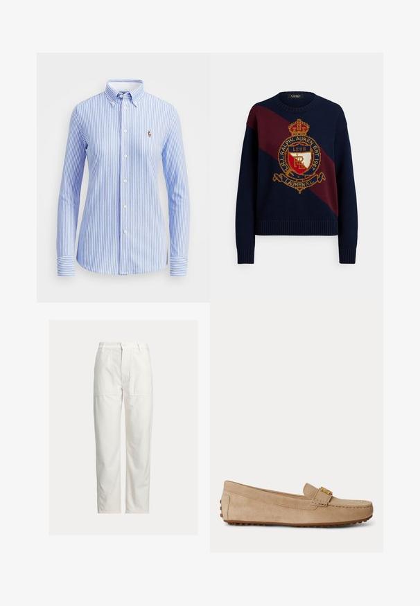 Suéter de punto azul marino con una franja diagonal granate, con un emblema dorado y puños y dobladillo acanalados.; Camisa de botones a rayas azul claro y blanca con cuello, mangas largas y un pequeño logo bordado en la parte izquierda del pecho.; Pantalones blancos de pierna recta con grandes bolsillos parche delanteros, trabillas para cinturón y cierre con botón en la cintura.; Mocasín beige de ante sin cordones con detalles de costuras, una hebilla metálica dorada en la parte superior y una suela de goma con tacos antideslizantes.