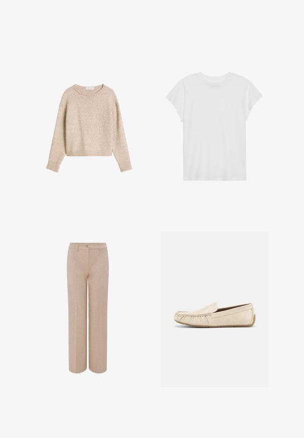 Pull beige en maille à manches longues avec encolure arrondie et poignets et ourlet côtelés, posé à plat sur fond blanc.; T-shirt blanc à manches courtes, col rond, coupe décontractée, en tissu de coton doux. Texture lisse, sans motifs ni logos.; Pantalon large beige en tissu doux, avec fermeture par bouton et poches avant plates. Design simple sans motifs visibles.; Mocassin beige en cuir texturé, à enfiler, avec surpiqûres style mocassin et semelle en caoutchouc, présenté en profil latéral sur fond blanc.