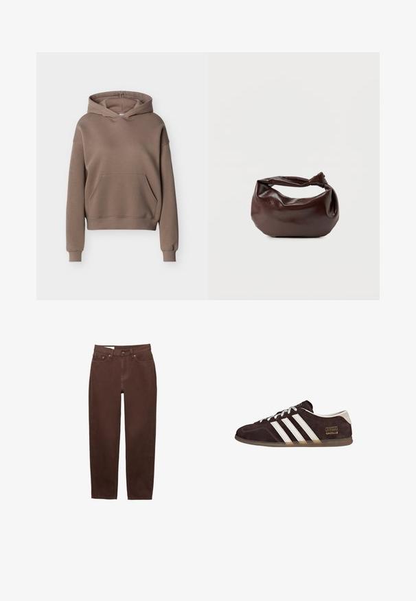 Brauner Kapuzenpullover mit Kängurutasche vorne sowie gerippten Bündchen an Ärmeln und Saum, auf neutralem Hintergrund dargestellt.; Braune Jeans mit geradem Bein, vorderem Knopf- und Reißverschluss sowie einem Fünf-Taschen-Design auf weißem Hintergrund.; Braune Wildleder-Sneaker mit drei weißen Streifen, Gummisohle und Textlabel "Gazelle" in Gold. Schnürdesign mit grauen Schnürsenkeln.; Dunkelbraune Lederschultertasche mit weicher, lockerer Form und einem gedrehten Knotengriff vor schlichtem weißem Hintergrund.