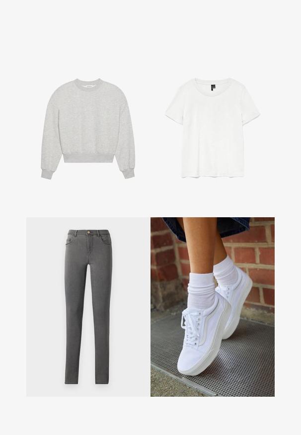Grå cropped sweatshirt med rund halsudskæring, droppe skuldre, lange ærmer med ribbede manchetter, lavet af blødt bomuldsblandingsmateriale, minimal tekstur.; Hvid kortærmet t-shirt med rund halsudskæring, lavet af letvægtsstof. Enkel design, glat tekstur og lige kant.; Grå denim skinny jeans med en tætsiddende pasform, fem lomme stil og en enkelt metalknaplukning i taljen.; Hvide lærreds sneakers med gummisåler, der har seks snørehuller, rund tå og let sømdetaljer, krydret med hvide ankelstrømper.