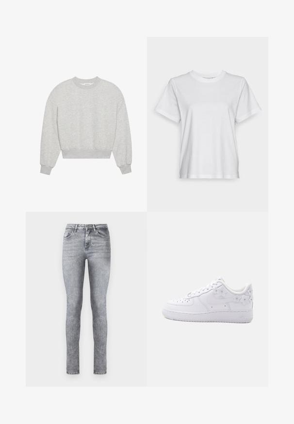 Grå cropped sweatshirt med rund halsudskæring, droppe skuldre, lange ærmer med ribbede manchetter, lavet af blødt bomuldsblandingsmateriale, minimal tekstur.; Hvid bomulds T-shirt med korte ærmer, rund hals og en afslappet pasform. Glat tekstur, uden mønstre eller grafik, enkel design.; Grå denim skinny jeans med høj talje, fem lommer og subtil lysning over det hele. Har lynlås og knaplukning.; Hvid lavtop sneaker med perforeret tå, Nike swoosh og dekorative hvide blomsterdetaljer på hælen og siden.