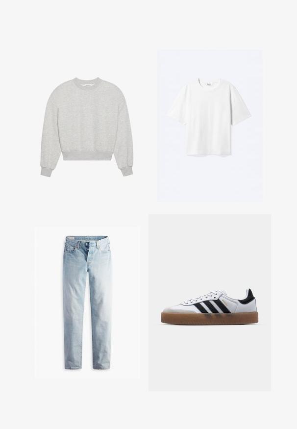 Sudadera corta gris, con cuello redondo, hombros caídos, mangas largas con puños acanalados, hecha de una suave mezcla de algodón, con textura mínima.; Camiseta blanca de manga corta con cuello redondo y dobladillo recto, con etiqueta de la marca "WEEKDAY" dentro del escote.; Jeans de mezclilla azul claro con diseño de pierna recta, cinco bolsillos y cierres de botones metálicos en una pretina estándar.; Zapatillas de cuero blancas con rayas negras, suela de goma, puntera redonda, cierre de cordones y caperuza de ante gris suave.