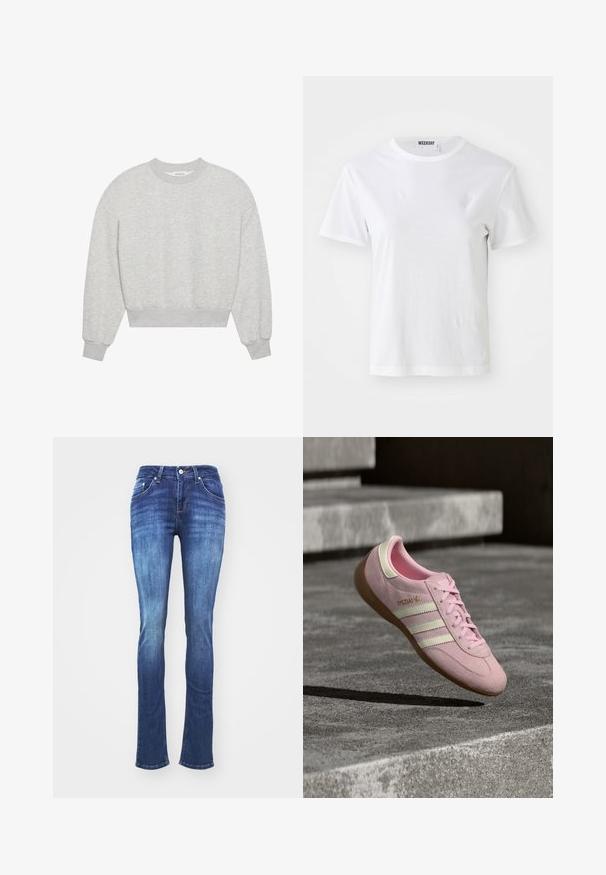 Sudadera corta gris, con cuello redondo, hombros caídos, mangas largas con puños acanalados, hecha de una suave mezcla de algodón, con textura mínima.; Camiseta blanca de manga corta hecha de una tela suave. Cuenta con un escote redondo y un corte recto, con una etiqueta en el cuello interior.; Vaqueros de denim de un azul oscuro con un diseño deslavado, piernas rectas, cinco bolsillos y cremallera. Costuras y detalles cosidos a lo largo de las costuras y los bolsillos.; Zapatilla deportiva de ante rosa con tres franjas blancas, diseño con cordones, suela de goma y detalle de logo dorado en el lateral. Textura suave con forma redondeada.