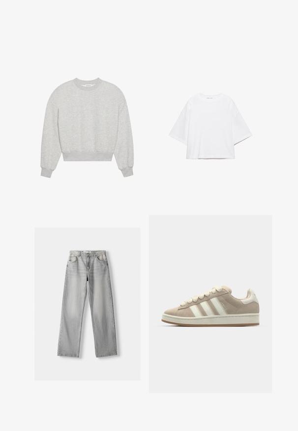 Grijze, cropped sweatshirt, ronde halslijn, verlaagde schouders, lange mouwen met ribgebreide manchetten, gemaakt van een zachte katoenmix, minimalistische textuur.; Wit, kort mouw, boxy t-shirt gemaakt van zacht katoen. Heeft een ronde hals en brede mouwen, met een strak, eenvoudig ontwerp.; Lichtgrijze denim jeans met een rechte pasvorm, voorzien van twee voorkruizen, een knoopsluiting en subtiele vervaging voor textuur.; Tan suède sneaker met witte leren strepen en veters, rubberen zool, gewatteerde kraag en tekstuurdetails aan de bovenkant.