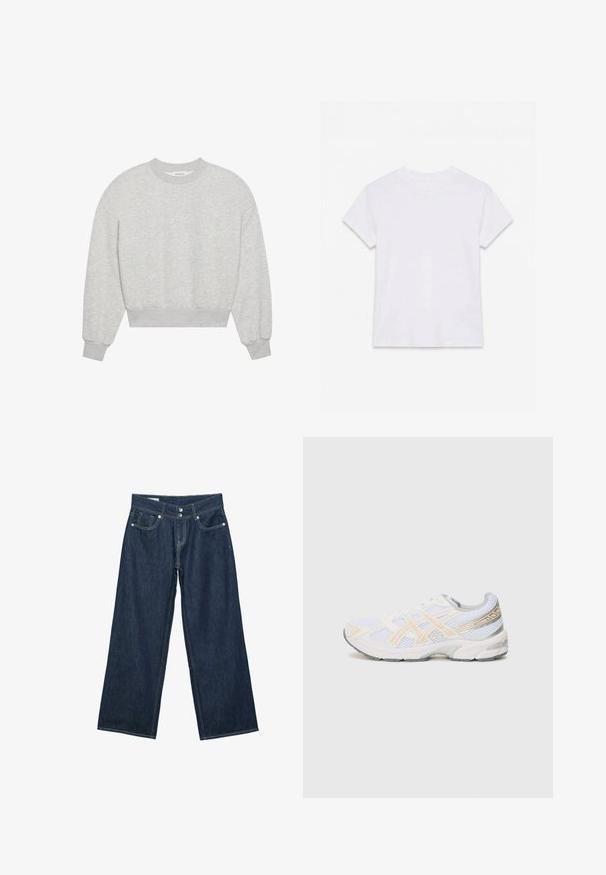 Grauer, verkürzter Sweatshirt mit rundem Ausschnitt, überschnittenen Schultern, langen Ärmeln mit gerippten Bündchen, aus weichem Baumwollmischgewebe, mit minimaler Textur.; Schlichtes weißes kurzärmliges Baumwoll-T-Shirt mit Rundhalsausschnitt, flach auf einem weißen Hintergrund liegend.; Dunkelblaue, weit geschnittene Denim-Jeans mit doppelter Knopfverschluss, vorderen Taschen und kontrastierender Naht auf weißem Hintergrund.; Weißer Sportschuh aus Netzmaterial, mit hellorange und grauen Akzenten, einer strukturierten Sohle und einem gepolsterten Kragen für Komfort.