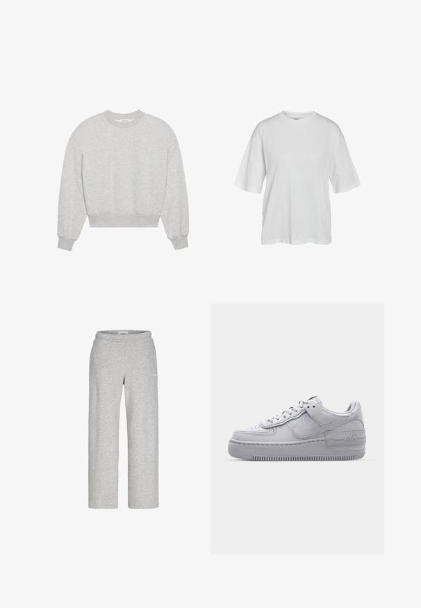 Grijze, cropped sweatshirt, ronde halslijn, verlaagde schouders, lange mouwen met ribgebreide manchetten, gemaakt van een zachte katoenmix, minimalistische textuur.; Effen wit oversized T-shirt met korte mouwen en ronde hals, weergegeven op een neutrale achtergrond.; Lichtgrijze sweatpants met rechte pijpen, elastische tailleband en een klein wit logo op de bovenkant van het dijbeen.; Grijze Nike Air Force 1 sneaker met geperforeerde neus, glad leren bovenwerk, dikke zool en verhoogde 'AIR' details op de hiel.