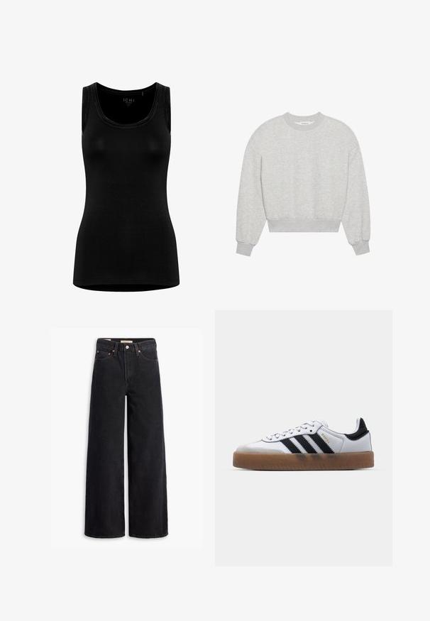 Sweatshirt gris court, col rond, épaules tombantes, manches longues avec poignets côtelés, fabriqué en tissu doux en mélange de coton, texture minimaliste.; Débardeur noir sans manches en tissu doux et extensible. Présente un col rond et un design minimaliste sans marque visible.; Jean noir à jambe large en denim, comportant cinq poches, des rivets en laiton et une fermeture à bouton classique. Texture lisse avec un design épuré.; Baskets en cuir blanc avec des rayures noires, semelle extérieure en caoutchouc beige, bout rond, fermeture lacée et embout en suède gris doux.