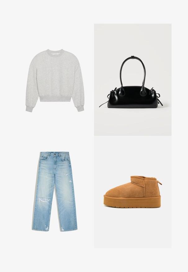 Grijze, cropped sweatshirt, ronde halslijn, verlaagde schouders, lange mouwen met ribgebreide manchetten, gemaakt van een zachte katoenmix, minimalistische textuur.; Lichtblauwe verweerde spijkerbroek met een rechte pasvorm, met versleten scheuren op de dij, de knie en vlak bij de zoom.; Bruine suède enkellaarzen met een ronde neus, laag uitgesneden ontwerp en een gestructureerde rubberen zool met een lichte plateauzool en een trekhaak.; Kleine zwarte glanzende handtas met twee lange hengsels en zijkant trekkoord details op een effen lichte achtergrond.
