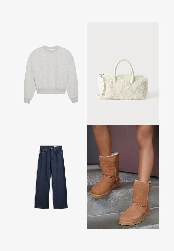 Sweatshirt gris court, col rond, épaules tombantes, manches longues avec poignets côtelés, fabriqué en tissu doux en mélange de coton, texture minimaliste.; Jean en denim sombre à jambes larges avec cinq poches, coutures visibles et fermeture à bouton. Présente une coupe droite et un léger effet vieilli.; Bottines en suede marron, à bout rond, avec une doublure douce et une semelle en caoutchouc, présentant des détails de couture visibles le long des coutures.; Petit sac à main blanc à texture de fourrure bouclée, doubles poignées et bandoulière amovible sur un fond clair uni.