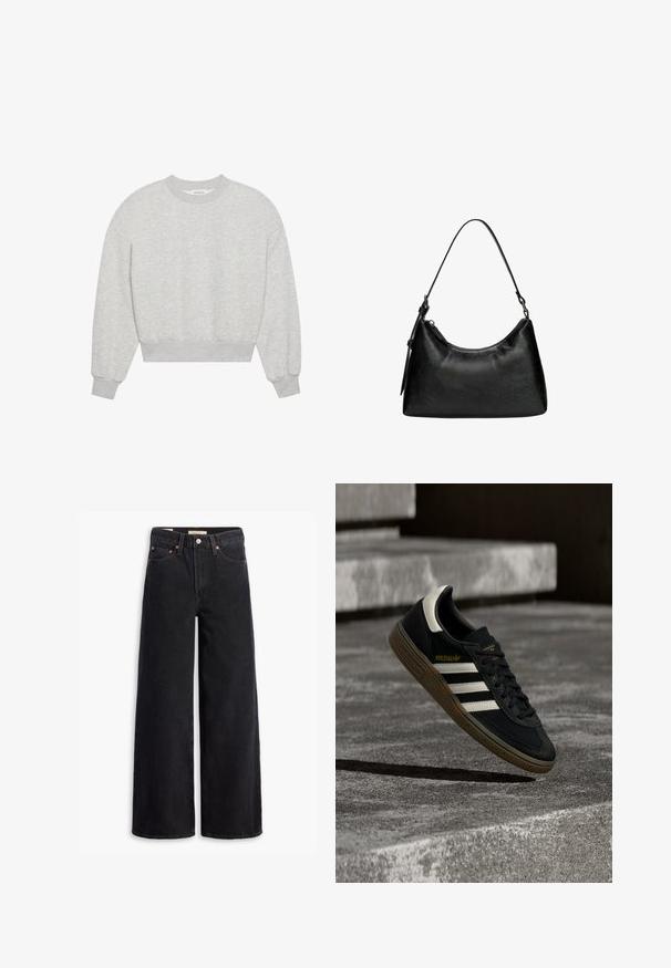 Grå cropped sweatshirt med rund halsudskæring, droppe skuldre, lange ærmer med ribbede manchetter, lavet af blødt bomuldsblandingsmateriale, minimal tekstur.; Sorte brede benjeans lavet af denim, med fem lommer, kobbernitter og en klassisk knaplukning. Glat tekstur med et rent design.; Sort Adidas-sneaker med hvide striber og gummisåler, svævende over grå betontrapper i naturligt lys.; Sort syntetisk læder håndtaske med en buet form, kort håndtag, lynlåslukning og en subtil tekstureret overflade.