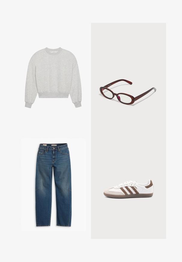 Grå cropped sweatshirt med rund halsudskæring, droppe skuldre, lange ærmer med ribbede manchetter, lavet af blødt bomuldsblandingsmateriale, minimal tekstur.; Blå denim jeans med en afslappet pasform, der har høj talje, lige ben, synligt syning og en lille detalje på venstre knæ.; Hvid Adidas Samba sneaker med brune ruskindstriber, brun gummisål og beige ruskindståhætte, vist fra ydersiden på en ensfarvet baggrund.; Ovale røde solbriller med klare linser og slanke brune stel. Designet har subtile kurver og minimalt hardware.