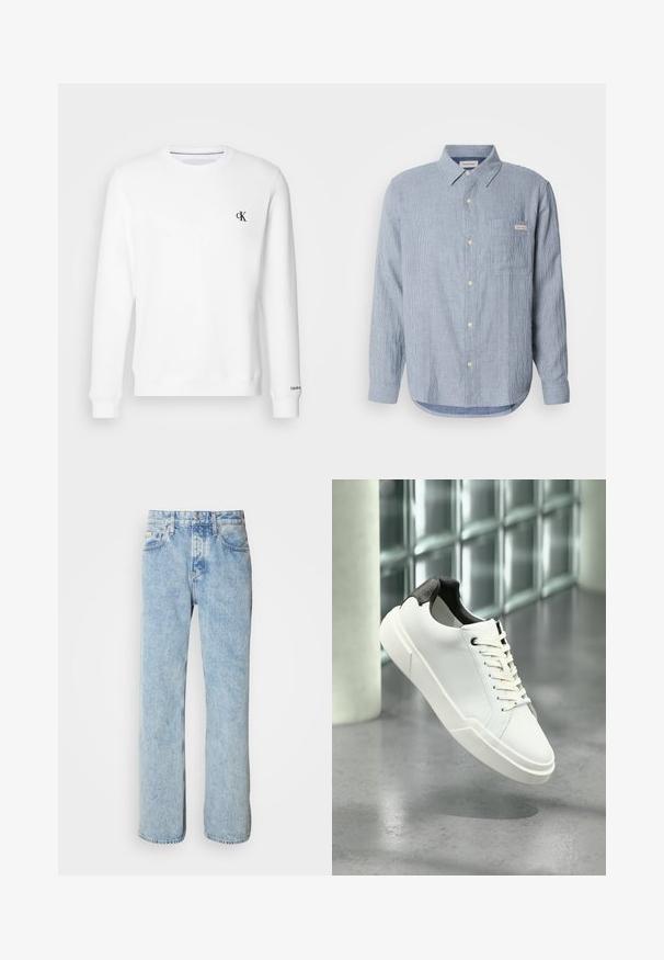 Weißes Crewneck-Sweatshirt aus weicher Stoffqualität, mit einem kleinen schwarzen "CK"-Logo auf der linken Brust sowie gerippten Bündchen und Saum.; Hellblau gestreiftes Button-Up-Hemd, aus Baumwollstoff, mit langen Ärmeln, spitzem Kragen, einer einzelnen Brusttasche und Logo-Tag-Details.; Helle blaue Jeans aus Denim mit geradem Schnitt, fünf Taschen und sichtbaren Nähten. Klassischer Bund mit Knopfverschluss.; Weißer Sneaker mit niedrigem Schaft, schwarzem, strukturiertem Fersenlaschen, weißen Schnürsenkeln und dicker Sohle auf einem polierten Betonboden in der Nähe von Glasbausteinen.