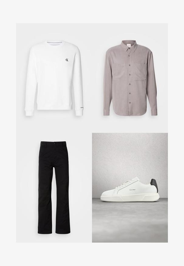 Hvid crewneck sweatshirt lavet af blødt stof, med et lille sort "CK" logo på venstre bryst og ribbede manchetter og kant.; Langærmet button-up skjorte i dæmpet grå stof, med to brystlommer, en klassisk krave og tonal knaplukning.; Sort bomuldsbukser med lige ben, der har knaplukning og bæltestropper. Glat tekstur og minimalistisk stil uden synlige mønstre.; Hvide sneakers med en glat læderoverdel, flade snørebånd og en forhøjet hvid sål. Har en sort detalje ved hælen og et præget logo.