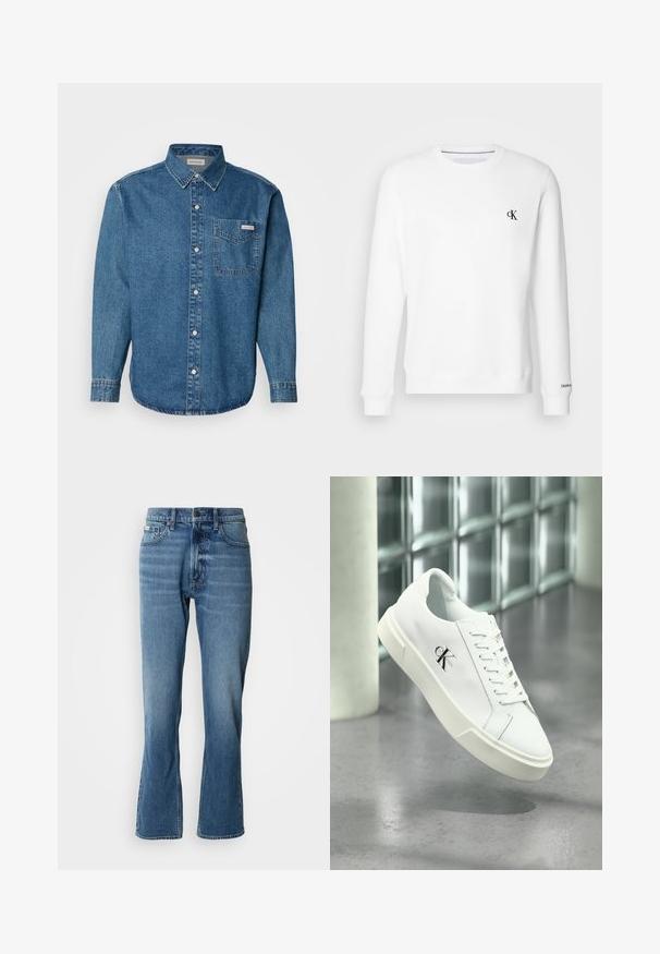 Weißes Crewneck-Sweatshirt aus weicher Stoffqualität, mit einem kleinen schwarzen "CK"-Logo auf der linken Brust sowie gerippten Bündchen und Saum.; Blaues Denim-Hemd mit langen Ärmeln, Button-Down-Kragen, Brusttasche und kontrastierenden Nähten. Der Stoff hat eine glatte Textur und einen lässigen Stil.; Hellblaue Denim-Jeans mit geradem Schnitt und leicht ausgestelltem Bein. Verfügt über fünf Taschen, einen Knopfverschluss und dezente Waschungseffekte.; Weißer Calvin Klein Sneaker mit Schnürsenkeln, schwebend über einem polierten Betonboden und einer Glasbausteinwand im Hintergrund dargestellt.