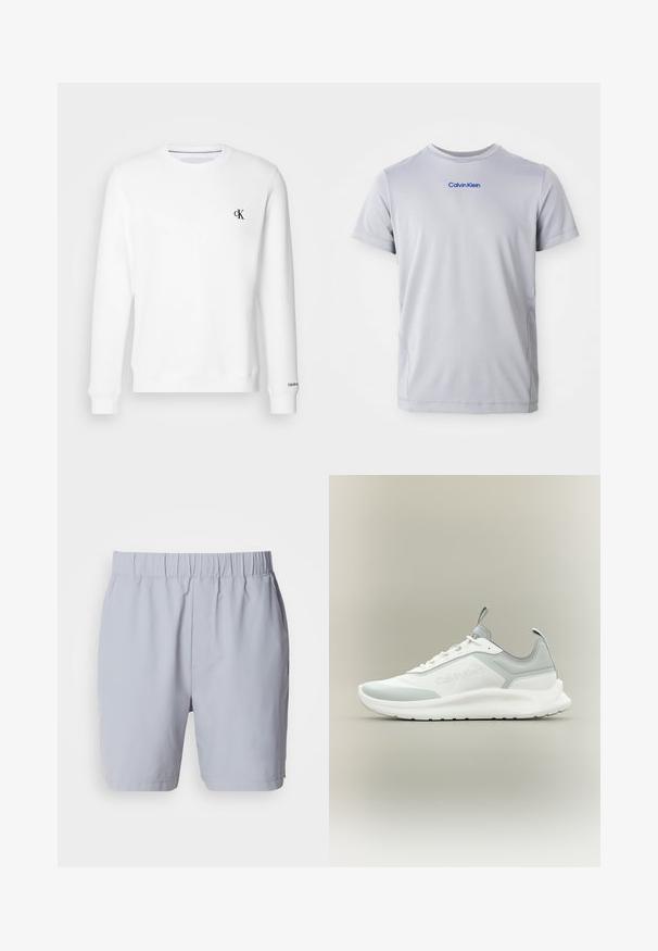 Hvid crewneck sweatshirt lavet af blødt stof, med et lille sort "CK" logo på venstre bryst og ribbede manchetter og kant.; Lys grå kortærmet t-shirt lavet af tekstureret stof, med et blåt "Calvin Klein" logo tværs over brystet. Rund halsudskæring, normal pasform.; Lysegrå badebukser med elastisk talje, to sidelommer og et glat, letvægtsstof. Ingen synlige mønstre eller udsmykninger.; Hvid og lysegrå lav-ankel Calvin Klein sneaker med snørebånd, trækflige på tunge og hæl, og en tyk struktureret sål.