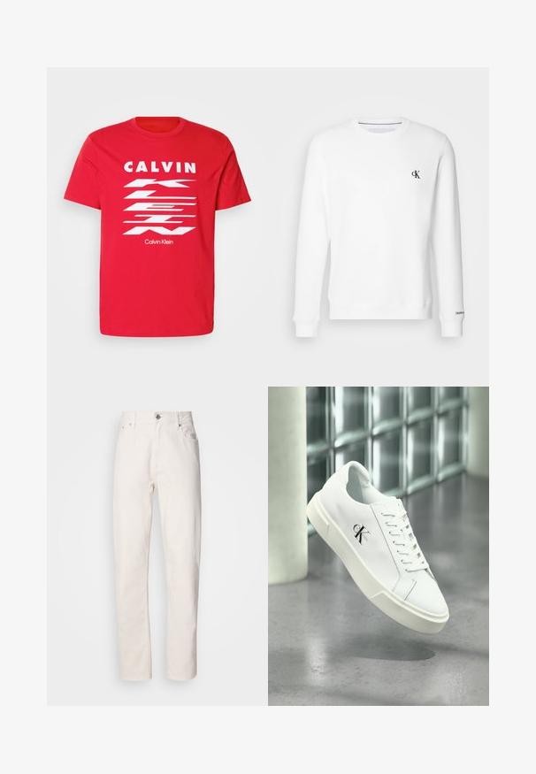 Sudadera blanca de cuello redondo hecha de una tela suave, con un pequeño logo negro "CK" en el lado izquierdo del pecho y puños y dobladillo acanalados.; Camiseta de algodón roja con el texto en blanco "CALVIN KLEIN" en negrita y un diseño de rayas diagonales. Mangas cortas y cuello redondo.; Jeans de denim blanco de pierna recta con cierre de botón y cremallera, lazos para cinturón y bolsillos delanteros y traseros, mostrados sobre un fondo liso.; Zapatilla blanca Calvin Klein con cordones, mostrada flotando sobre un suelo de cemento pulido y un fondo de pared de bloques de vidrio.