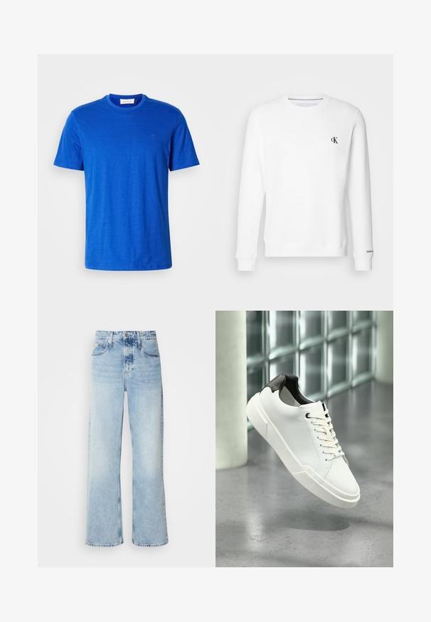 Weißes Crewneck-Sweatshirt aus weicher Stoffqualität, mit einem kleinen schwarzen "CK"-Logo auf der linken Brust sowie gerippten Bündchen und Saum.; Blaues Rundhals-T-Shirt aus Baumwolle mit kurzen Ärmeln und einem dezenten Logo auf der Brust, auf einem weißen Hintergrund präsentiert.; Helle blaue weite Jeans mit hoher Taille, in verwaschenem Finish, mit Gürtelschlaufen und klassischem Fünf-Taschen-Design. Der Saum ist ungesäumt.; Weißer Sneaker mit niedrigem Schaft, schwarzem, strukturiertem Fersenlaschen, weißen Schnürsenkeln und dicker Sohle auf einem polierten Betonboden in der Nähe von Glasbausteinen.