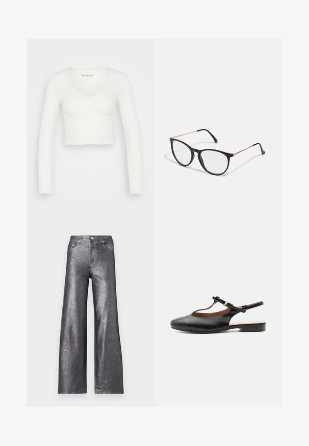 Abercrombie & Fitch VARIEGATED WRAP SLIM - Πουλόβερ - jet stream; Ασημί μεταλλικές παντελόνες με φαρδύ πόδι και ψηλή μέση, με πέντε τσέπες και κλείσιμο με κουμπί. Ο ύφασμα έχει απαλό, γυαλιστερό τελείωμα.; Μαύρο δερμάτινο flat slingback παπούτσι με T-λαιμόκοψη και χρυσή αγκράφα σε ουδέτερο φόντο.; Μαύρα γυαλιά ηλίου cat-eye με διαυγή φακούς, λεπτές ροζ χρυσές μεταλλικές λεπτομέρειες και λείες μαύρες πλαστικές κόκκινες. Κομψός σχεδιασμός και κυρτοί βραχίονες.
