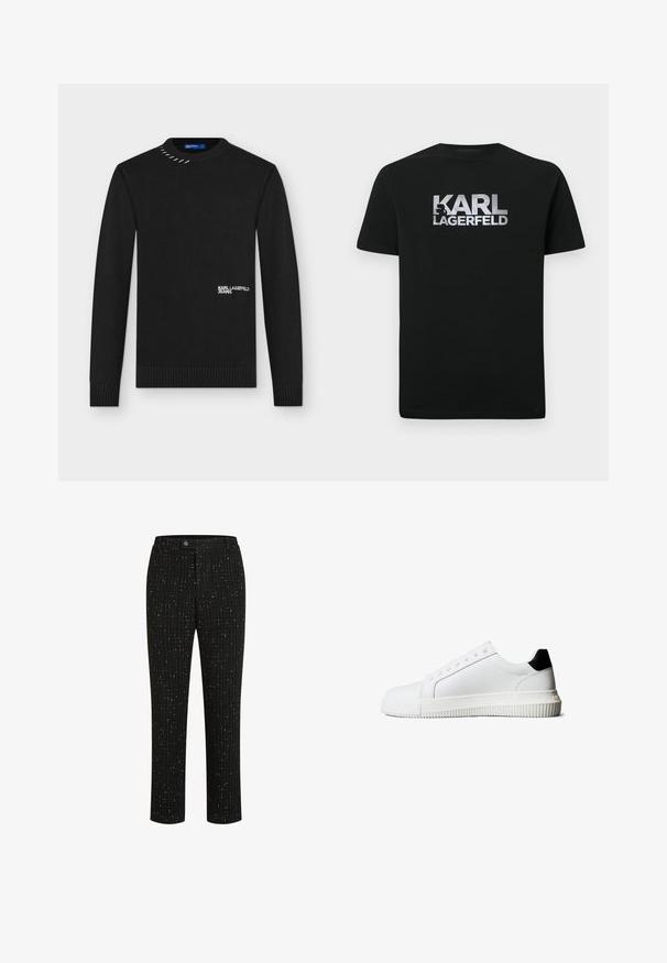 Sort langærmet striktrøje med ribstrikkede manchetter og kant, hvid "KARL LAGERFELD JEANS" tekst foran og metal syningsdetalje nær kraven.; Sort bomuld t-shirt med et sølvfarvet print af logoet "KARL LAGERFELD" og en stiliseret silhuet. Korte ærmer og rund halsudskæring.; Sorte skræddersyede bukser med et tekstureret mønster af tynde hvide lodrette linjer, en lige pasform og en knaplukning i taljen.; Hvide lædersneakers med sort hælkappe, flade snørebånd, rundet tå og en ribbet gummisål for godt greb.