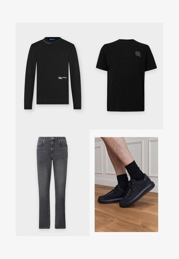 Pull en maille noir à manches longues avec poignets et ourlet côtelés, texte blanc "KARL LAGERFELD JEANS" à l'avant, et détail de couture métallique près du col.; T-shirt en coton noir à manches courtes, avec un design graphique gris subtil sur la partie gauche de la poitrine. Texture lisse, col ras du cou.; Jean en denim gris avec une coupe droite, style cinq poches et des détails de surpiqûre subtils. Le tissu a une texture lisse.; Personne portant des baskets noires à lacets et des chaussettes noires debout sur un sol en bois contre un lambris blanc.