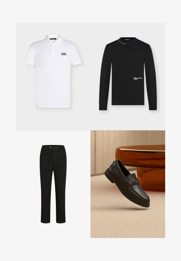 Pull en maille noir à manches longues avec poignets et ourlet côtelés, texte blanc "KARL LAGERFELD JEANS" à l'avant, et détail de couture métallique près du col.; Polo blanc à manches courtes avec col et trois boutons, avec un logo noir "KARL LAGERFELD" sur la poitrine gauche.; Pantalons noirs ajustés avec un motif texturé de fines lignes verticales blanches, une coupe droite et une fermeture à bouton à la taille.; Chaussure noire en cuir à enfiler avec des accents cousus, un col relevé et une semelle en caoutchouc plate, positionnée au-dessus d'une surface beige douce.