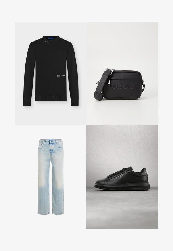 Musta pitkähihainen neulepusero, jossa resorit hihoissa ja helmassa, valkoinen "KARL LAGERFELD JEANS" -teksti edessä sekä metalliset ompeluyksityiskohdat kauluksen lähellä.; Vaaleansininen suorat lahkeet -farkut haalistuneella pesulla, edessä nappi- ja vetoketjusuljenta sekä viiden taskun muotoilu.; Henkilö, joka käyttää mustia Karl Lagerfeld -tossuja mustien housujen kanssa, seisoo puulattia parketin päällä valkoista paneeliseinää vasten.; Musta nahkainen olkalaukku, jossa on kohokuvioitu logo, vetoketjuluukku, säädettävä hihna ja teksturoitu pinta. Kompakti suorakulmainen muoto.