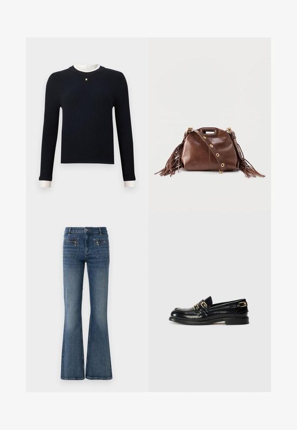 Sort ribbet langærmet sweater med hvid rund hals og manchetter, med en lille firkantet dekorativ detalje i midten af brystet.; Blå denim jeans med flare ben og en middelhøj talje, med for- og baglommer samt en subtil falmet vask.; Sorte læder loafers med en blank finish, der har to guldspænder og en lav hæl. Glat tekstur med rund tådesign.; Brun læderhåndtaske med frynser, gyldne øjer på aftagelig skulderrem og udskåret håndtag på ensfarvet baggrund.